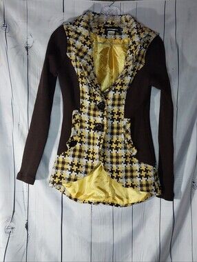 Zoompy Vintage Style Academia Brown Blazer with Yellow Houndstooth Trim
